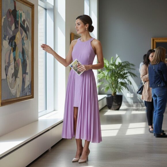 DESIGNER HALSTON HERITAGE PURPLE CREW NECK SLEEVELESS PLEATED A LINE DRESS 12.R - Picture 1 of 15